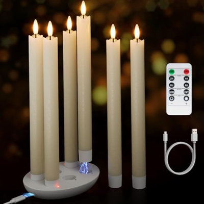 Bougies coniques rechargeables sans flamme avec station de charge, 6 bougies de cire à DEL en cire véritable scintillantes avec télécommande et minuterie, chandeliers à pile à flamme 3D pour décoration de Noël de mariage à domicile (ivoire)