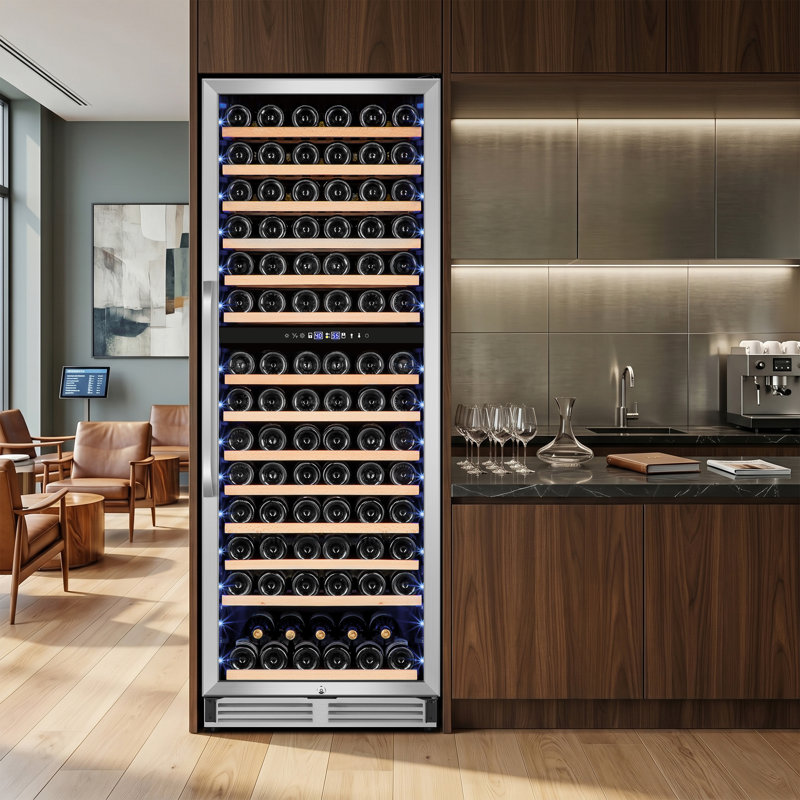 Velivi 154-Bottle Built-in or Freestanding Dual Zone Wine Refrigerator with Stainless Steel Door, Black/Stainless Steel