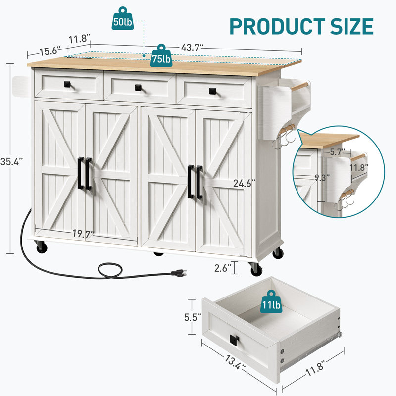 43.7'' Kitchen Island with Drop Leaf and Power Outlet, Rolling Kitchen cart with Storage and Adjustable Shelving, White