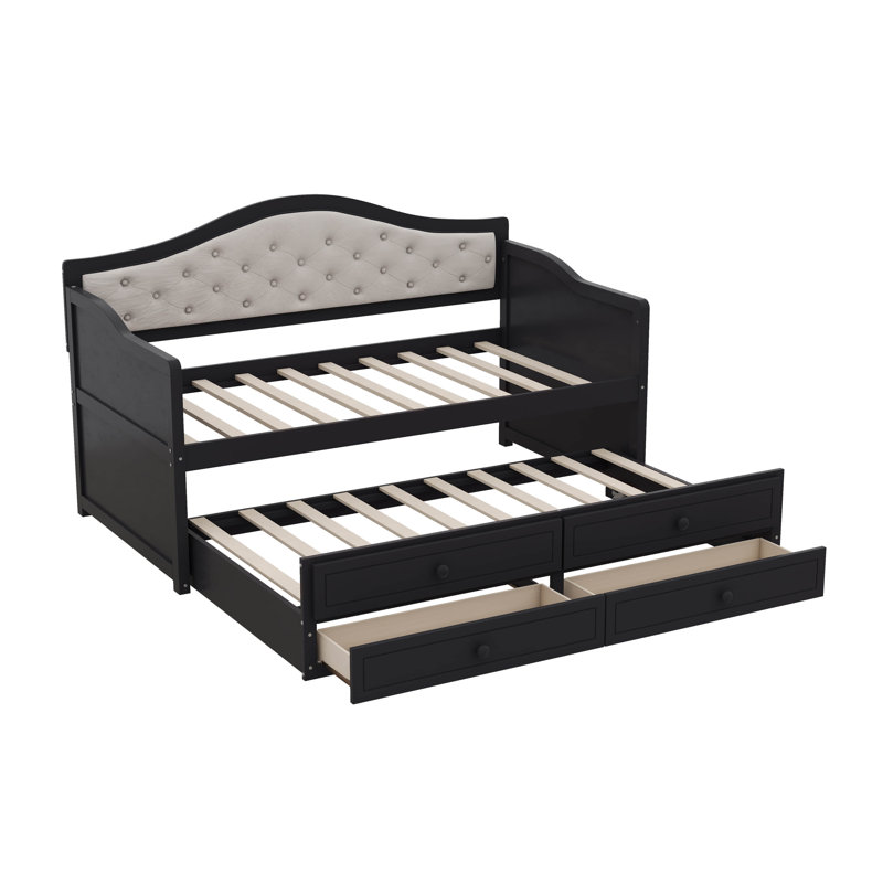 Twin Daybed With Trundle, Daybed With 2 Storage Drawers, Wooden Sofa Bed With Upholstered Button Tufted Backrest For Living Room