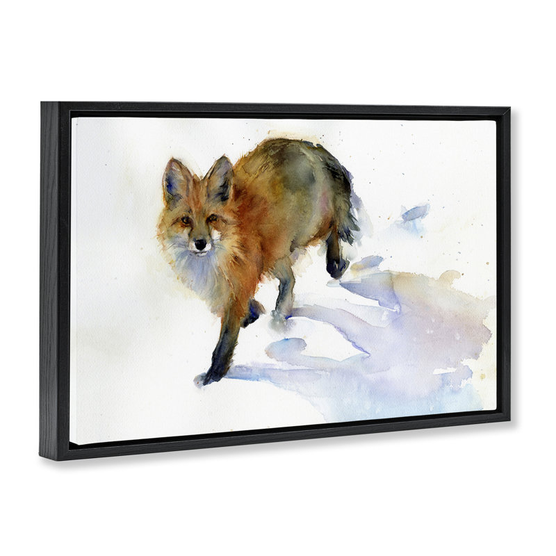 «Stepping Fox in Snow» par John Keeling, Cadre flottant noir de jais, H 21 po x l 31 po
