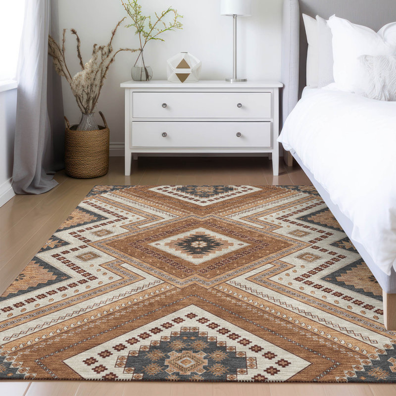 Copper and Beige Rectangular Washable Synthetic Area Rug 8' x 10'