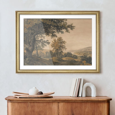 «Classic Woodland Serene View of Trees Landscape in sépia Tones», décoration murale encadrée dorée