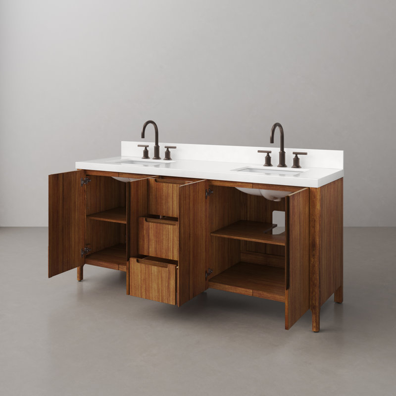 Sequoia 72 In. Double Sink Whitebrook Quartz Countertop Bath Vanity in Mango Wood With Gold Faucet, Mango Wood
