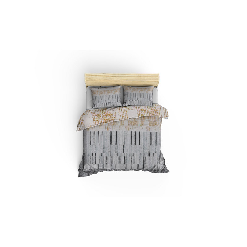 Luxurious King Quilt Cover Set, Mustard & White/Grey, 94.5 x 86.6 inches | 50% Cotton / 50% Polyester, 127 Thread Count | Includes 2 Pillowcases (23.6 x 23.6 inches) | Easy Care, Machine Washable with Button Closure