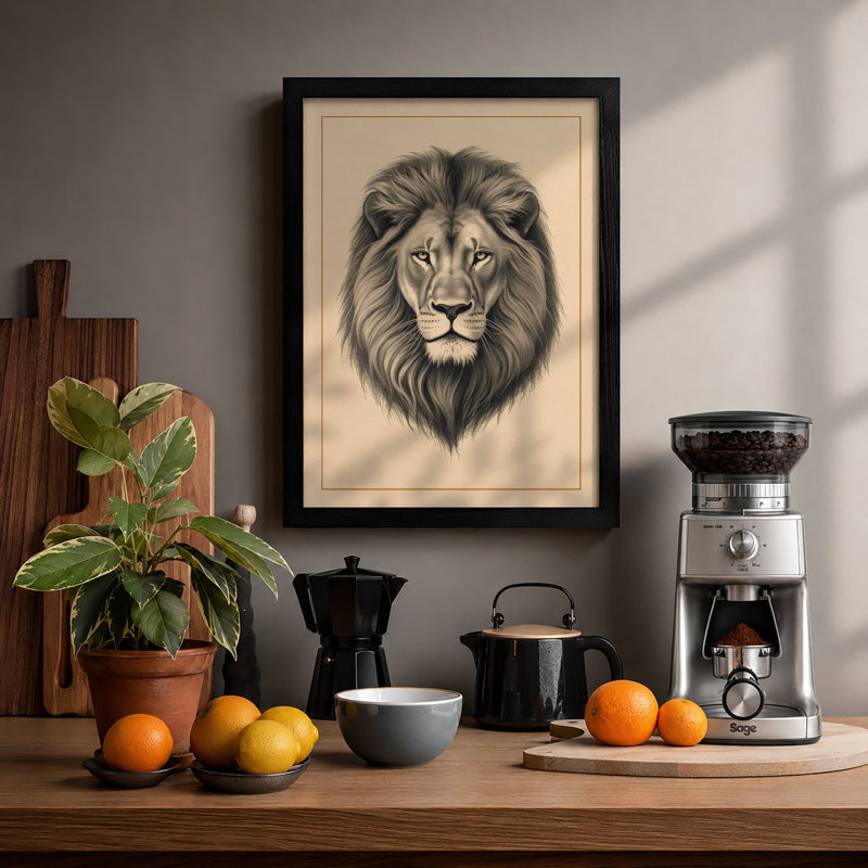 Lion's Gaze Realism - Framed Print, A3 - 42.0 x 29.7 cm, Black