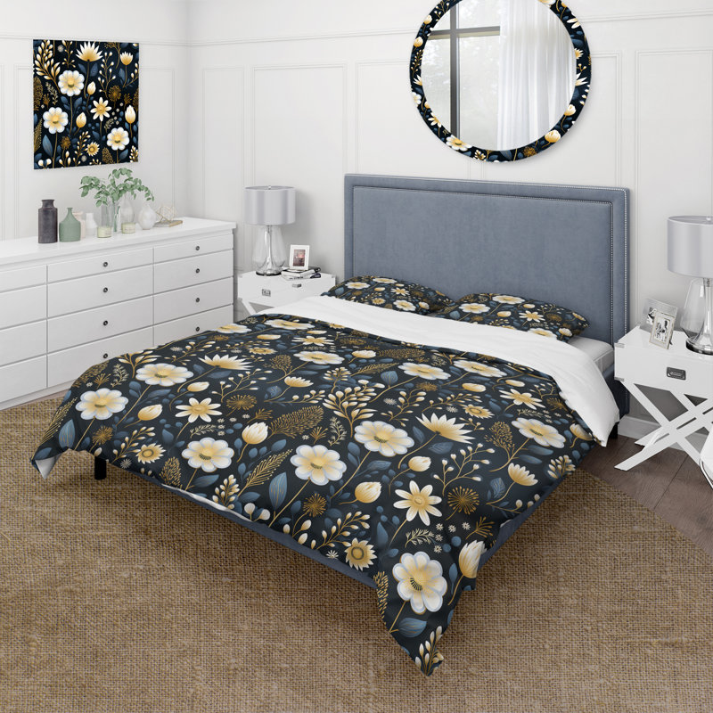 Ensemble de housse de couette Tranquil Black and White Garden Blooms I, Housse de couette simple + 1 taie décorative stan