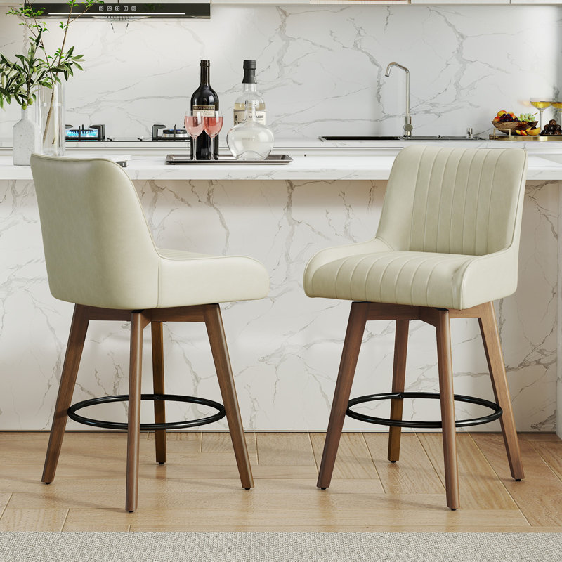 Tabouret de bar 26 po pivotant à 360 ° 26 po avec siège à ressorts ensachés et base en bois massif, Beige