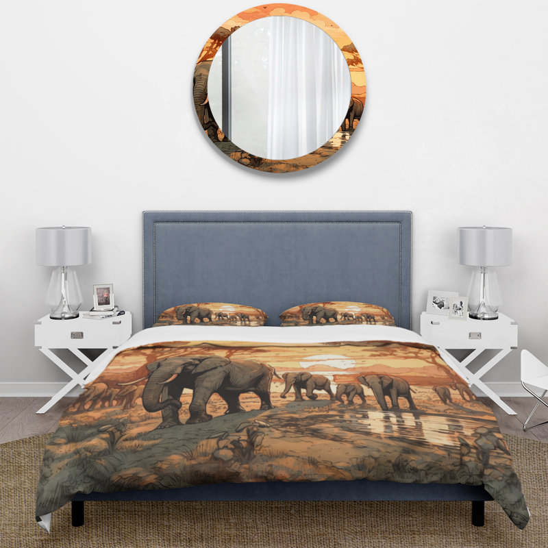 Ensemble de housse de couette orange en microfibre / polyester Orange African Safari With Elephants I Bedding