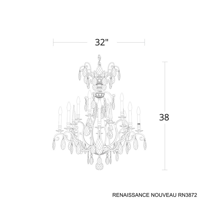 Renaissance Nouveau 12 Light 32in x 38in Chandelier in Heirloom Gold with Clear Heritage Handcut Crystals, Heirloom Gold
