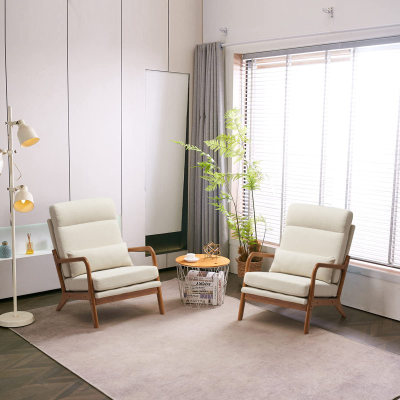Chaise avec accoudoirs rembourrée à dossier haut de style moderne Mid-Century avec structure en bois massif et coussin moelleux