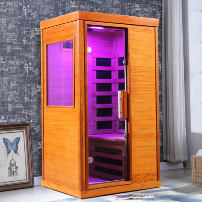 Chambre de séchage intérieure infrarouge lointain de format mini, dimensions : 35,4 x 27,5 x 63,3 pouces, lecteur de musique intégré, 7 options d'éclairage de chromothérapie, 6 éléments chauffants en fibre à faible teneur en carbone, alimentation électrique standard américaine.