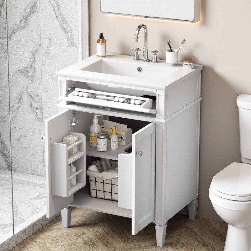 Meuble-lavabo moderne de 24 po avec lavabo en céramique - 2 portes à fermeture en douceur avec organisateurs et tiroir basculant, tablette réglable, armoire de rangement compacte pour petites salles de bain