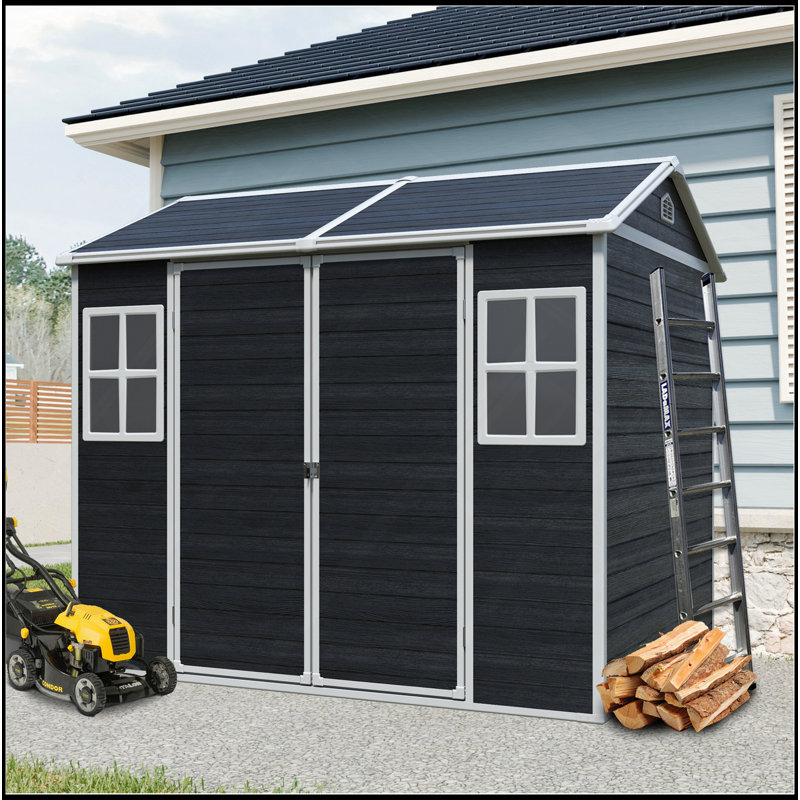 Remise de rangement extérieure en résine 8 x 6 pi imperméable avec plancher et deux fenêtres et porte verrouillable, remise à outils pour le jardin, le patio, la cour arrière