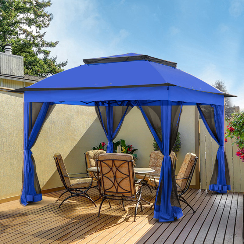 11 Ft. W x 11 Ft. D Pop Up Canopy Patio Gazebo with Mesh Wall, Blue