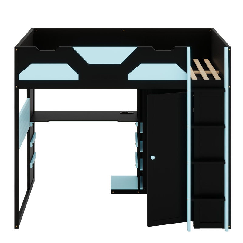 Loft Bed With Integrated Desk, Multi-Level Storage Shelves, USB Ports & RGB Lighting, Blue