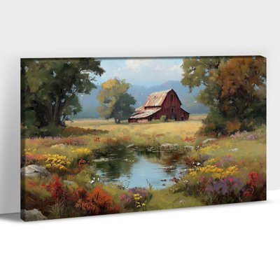 Nature, art mural sur toile paysage, peinture panoramique de la grange rustique et de l'étang pour la maison, impression sur toile, 12 x 18 po