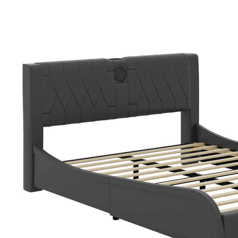 Luxurious Faux Leather Upholstered Platform Bed With Thickened Headboard, Bluetooth Speakers And RGB LED Light, Black, Queen