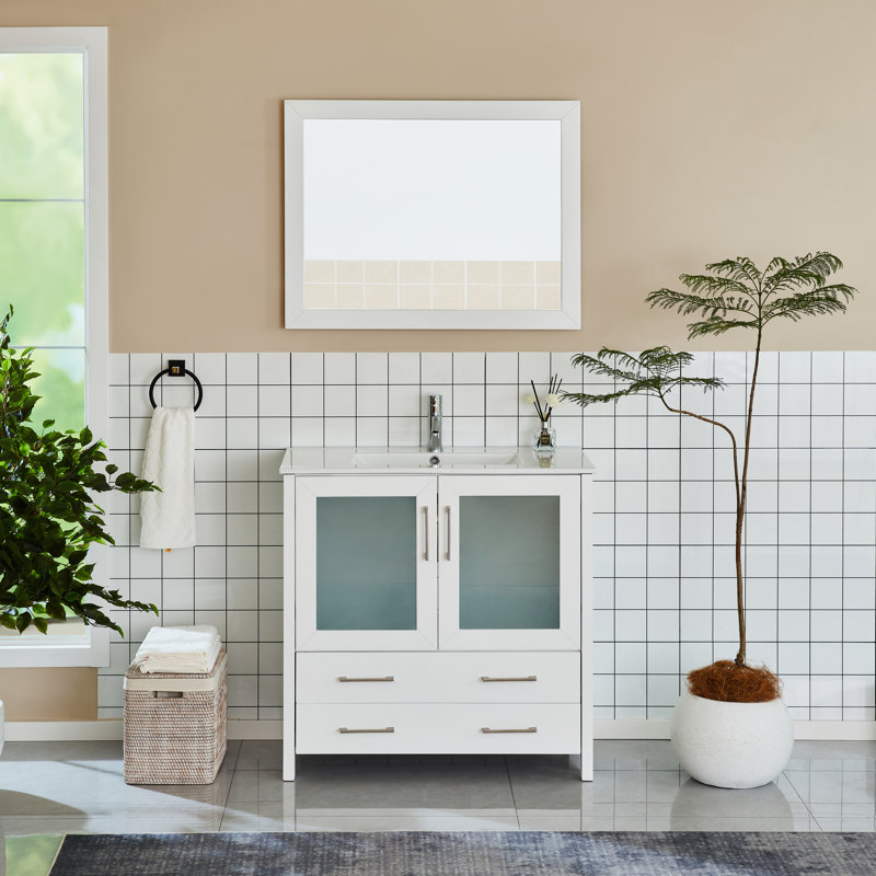 Ensemble de meuble-lavabo autoportant 36 po avec plateau en céramique et miroir assorti Brescia, blanc