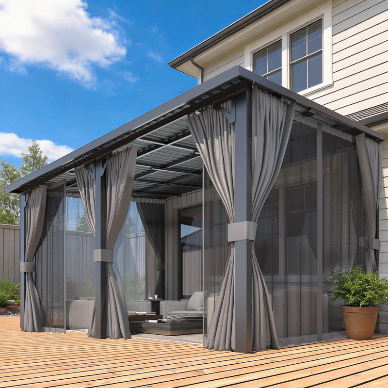 Outdoor Hardtop Metal Gazebo For Patio With Curtains And Mosquito Netting, 98.4" H x 168" W x 120" D, Gray/Beige