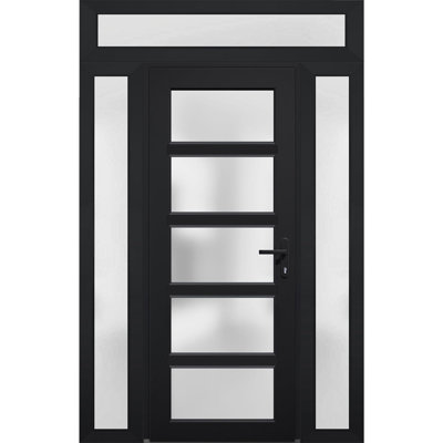 Porte d'entrée extérieure prémontée en PVC-U, verre dépoli, Manux 8002, noir mat, 2 fenêtres latérales et supérieure, portes extérieures pour bureaux, commerces et habitations, entrée, patio, garage - L 40,6 + 91,4 + 40,6 cm x H 203,2 + 35,6 cm - Ouverture à gauche vers l'intérieur