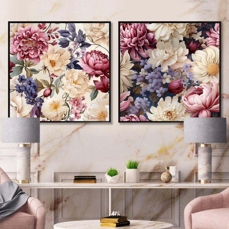 Hadden - Ensemble de 2 collages carrés floraux, Cadre flottant noir, H 16 po x l 33 po