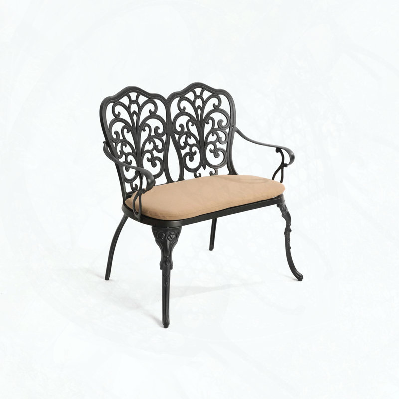 Cast Aluminum Outdoor Garden Bench with Tulip Pattern and Cushion, Black