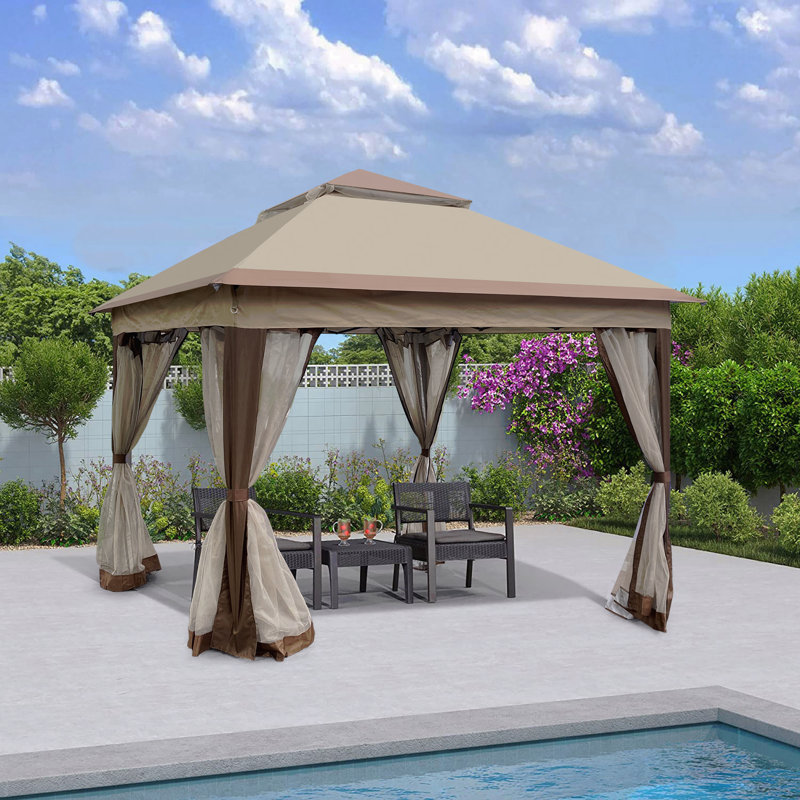 Pavillon de jardin escamotable 11X11FT, moustiquaire pour l'extérieur avec double toit (café), Café