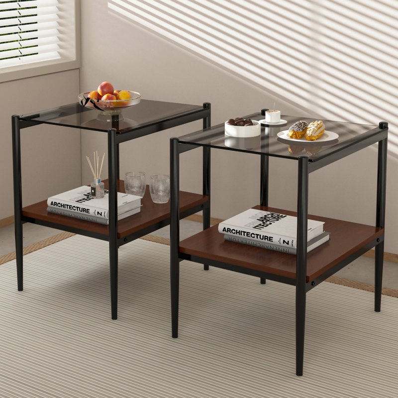 Table basse et tables de bout, table en verre trempé avec tablette en bois pour le salon, Gris, Noir
