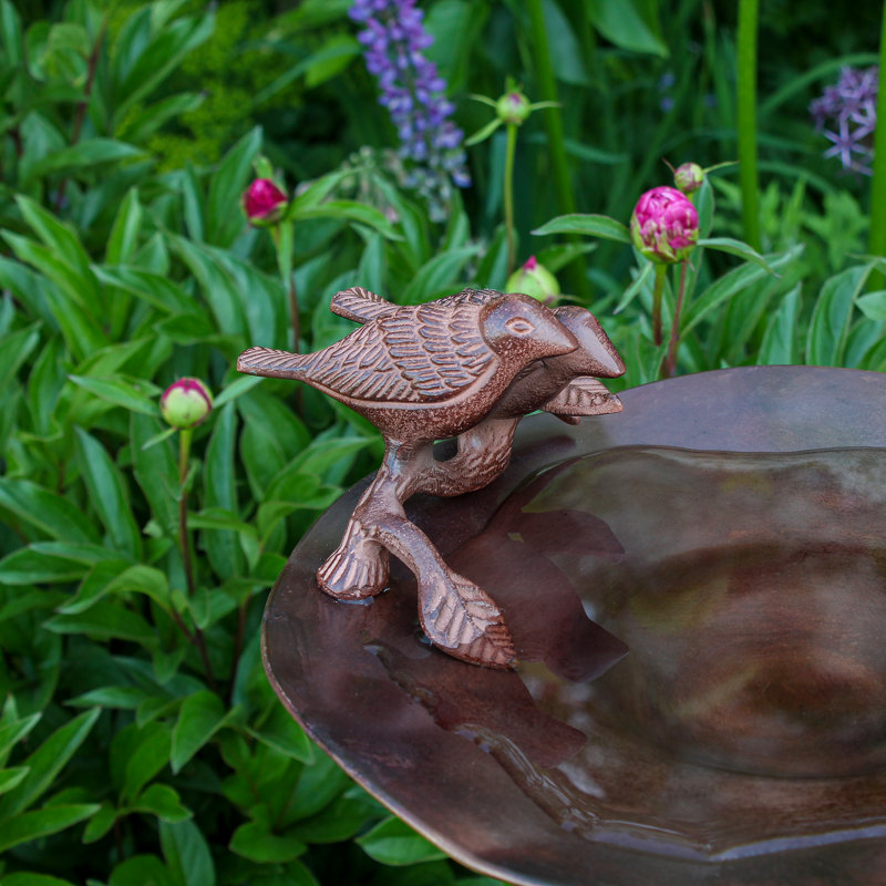 Antique Copper Birdbath with Birds and Stand