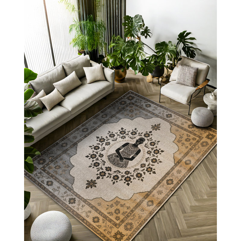 Annie Collection Digital Print Cotton-Polyester Gray Human Figured Floral Rug, Runner 4' x 14'10"