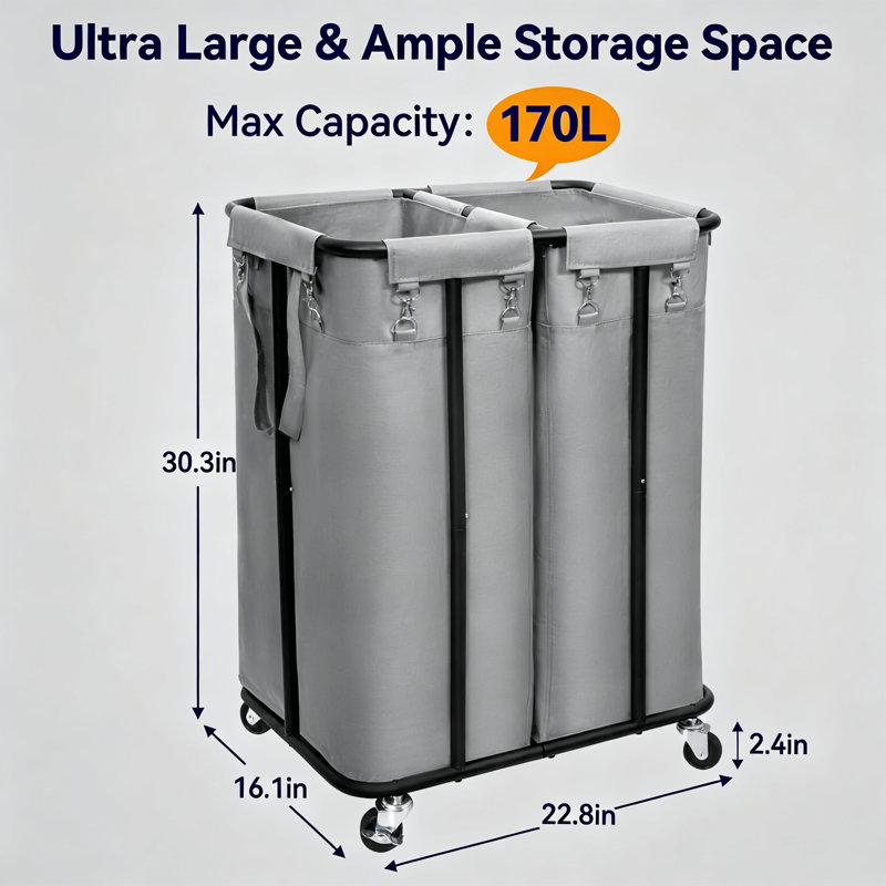Laundry Hamper with Wheels 170L Rolling Laundry Basket Organizer Laundry Cart with Steel Frame, (Grey), Grey