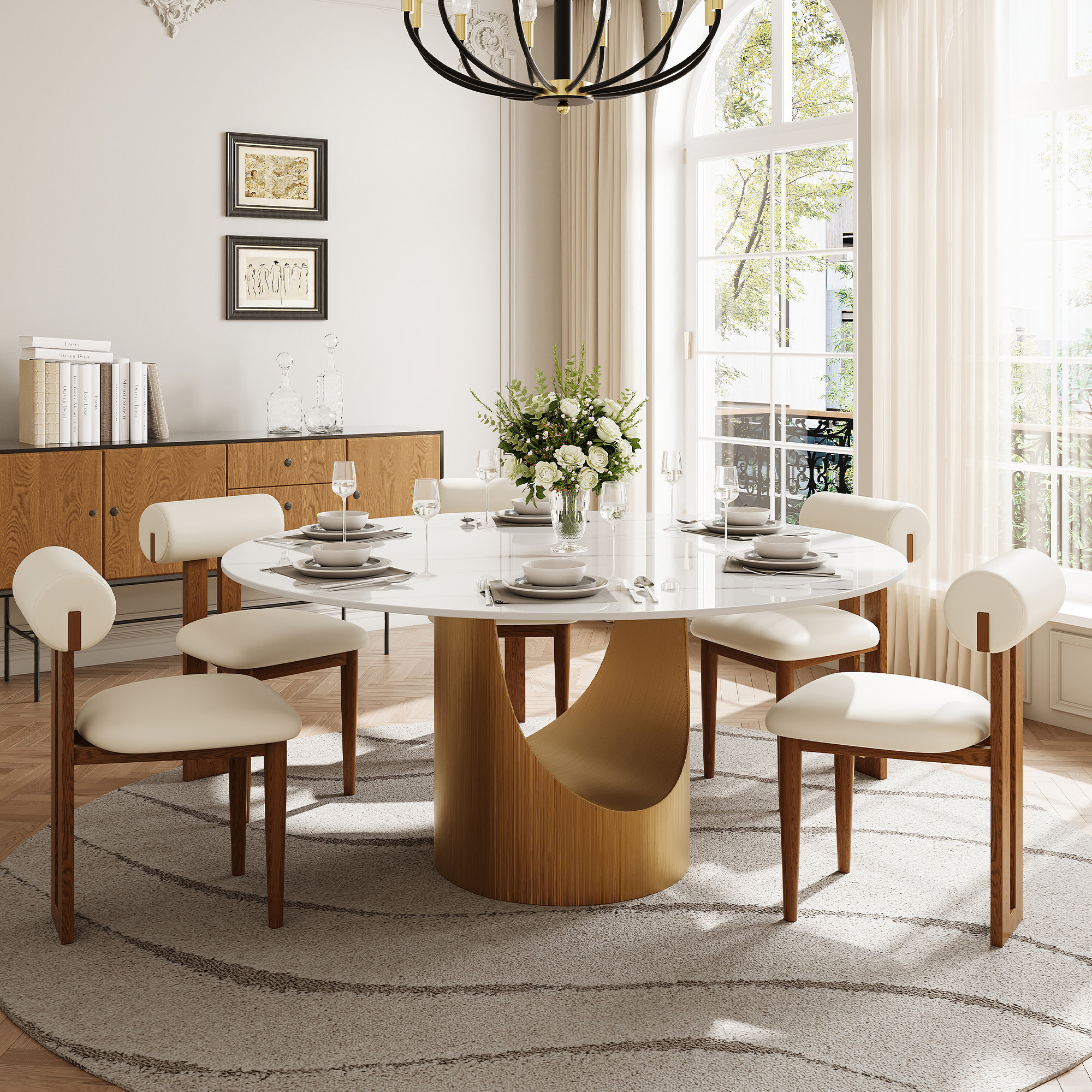 Hokku Designs Marcalene Modern Round Dining Table for 68，White Glossy