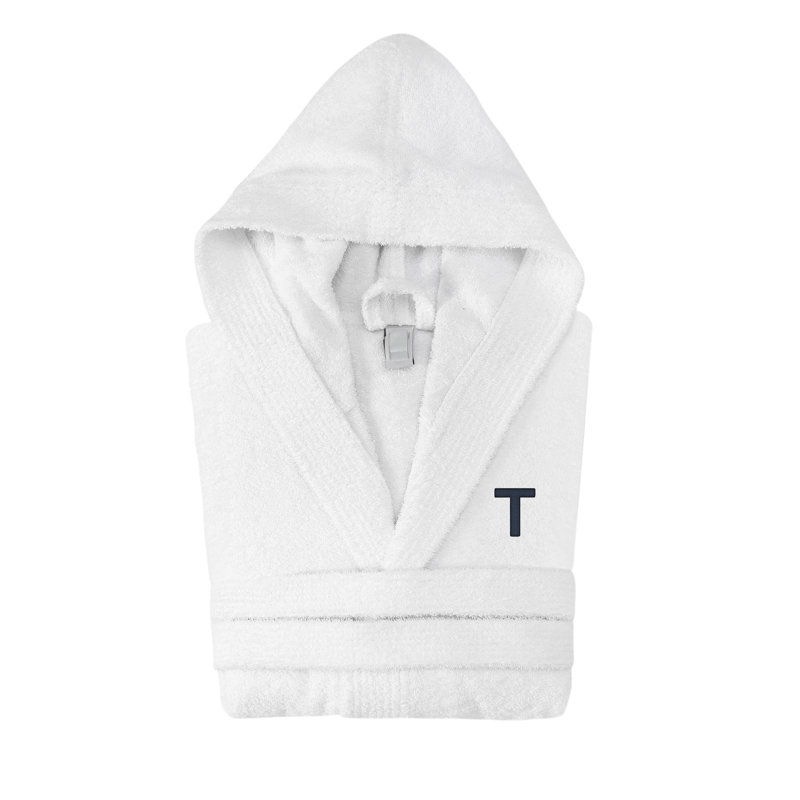Peignoir monogrammé à capuche en coton turc, T, Blanc