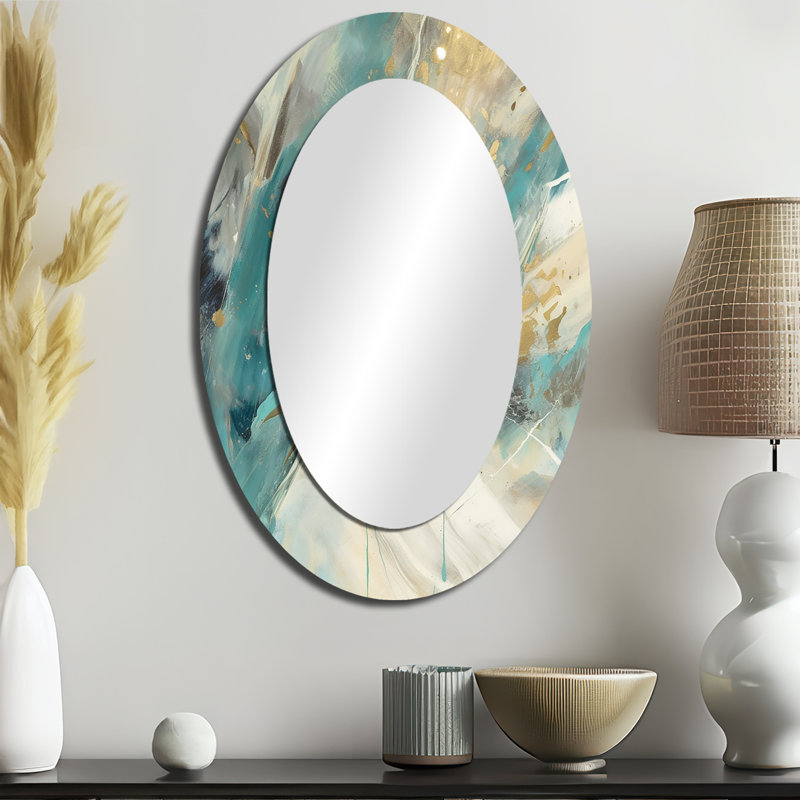 Turquoise Serendipity Abstract Painting II - Teal Modern Oval Wall Mirror, 36" x 24"