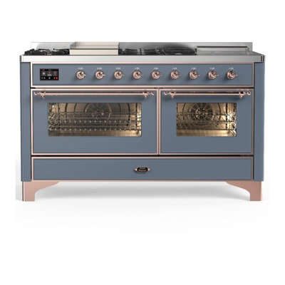 Cuisinière à double combustible 60 pouces avec 7 brûleurs scellés, plaque chauffante et comptoir français en gris-bleu Majestic III Series (gaz naturel, garniture en cuivre)