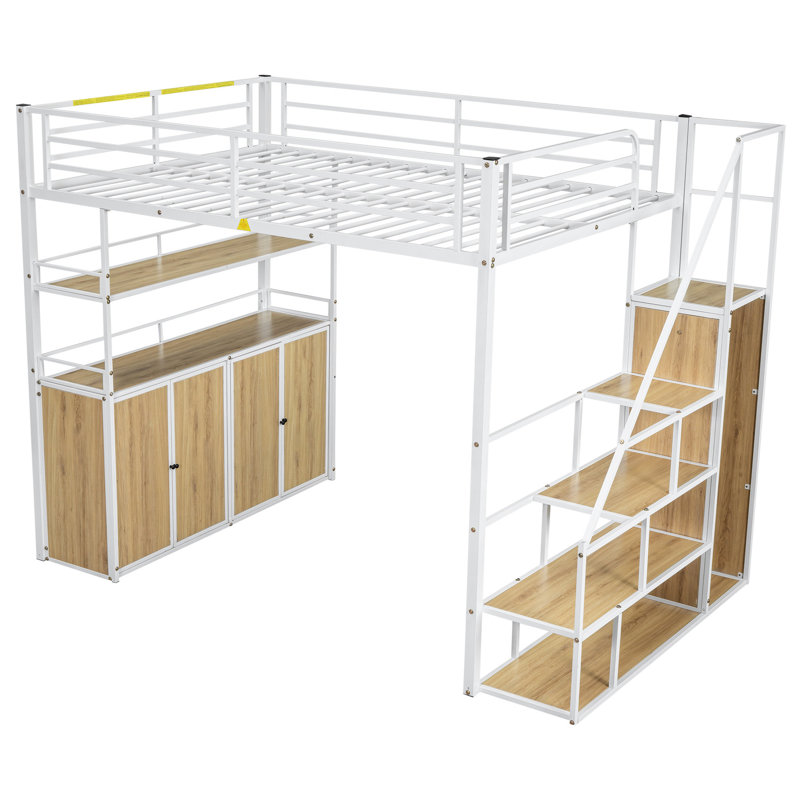 Lit mezzanine en métal blanc avec rangement: escalier, garde-robe, tablettes, casiers. Gain de place pour les espaces de plancher limités. Fabrication robuste. Options de format facile à assembler: blanc. Toutes les pièces.