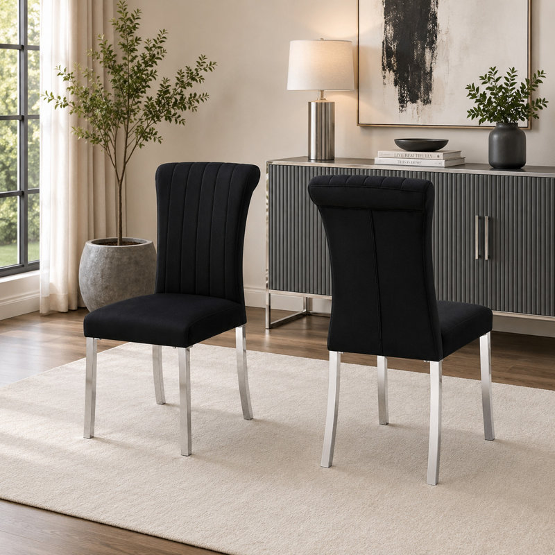 Ensemble de 2 chaises d'appoint Hols Parson, tissu noir, base en acier argenté, Noir, Argent