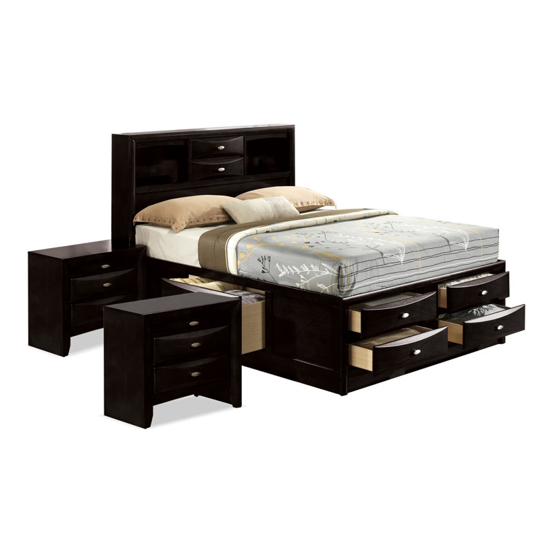Lakiesha 3-Piece Wood Storage Bedroom Set, Black, 3 Pcs: Bed, 2 Nightstands, King