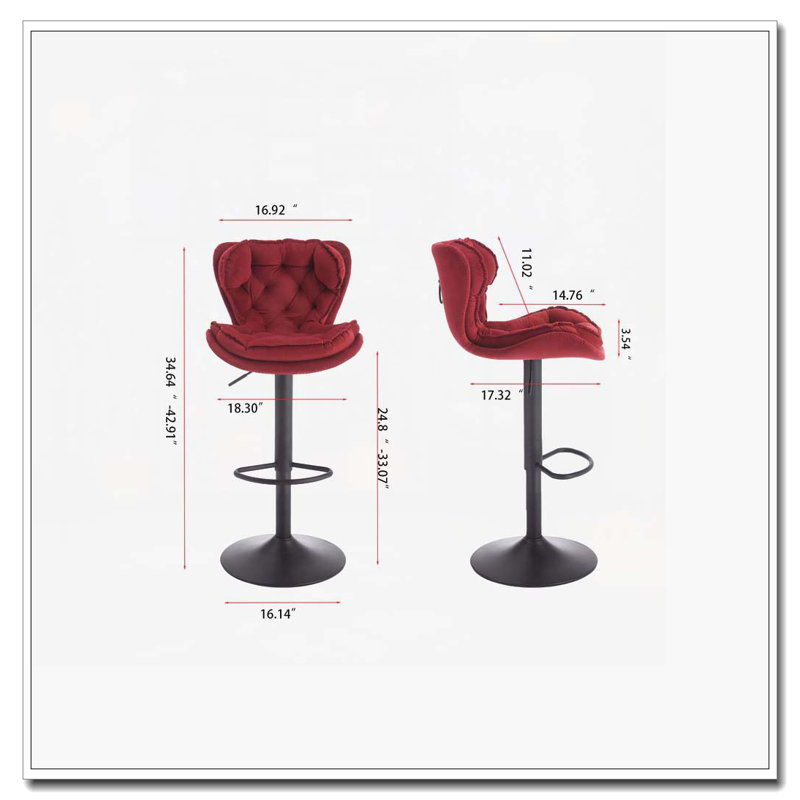 Tabourets de bar, avec velours de levage mécanique réglable en hauteur, Noir, Rouge