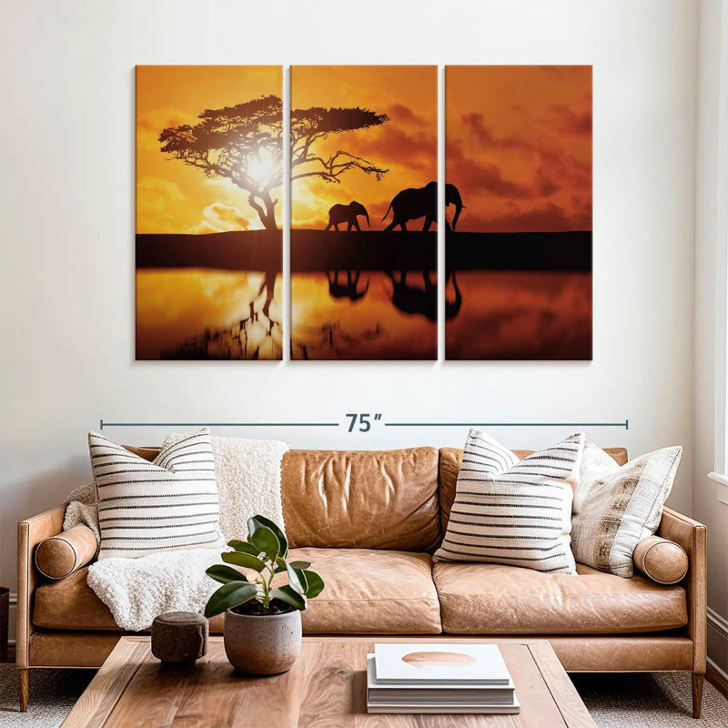 Brampt Elephant Silhouettes At Sunset, 42" H x 65" W