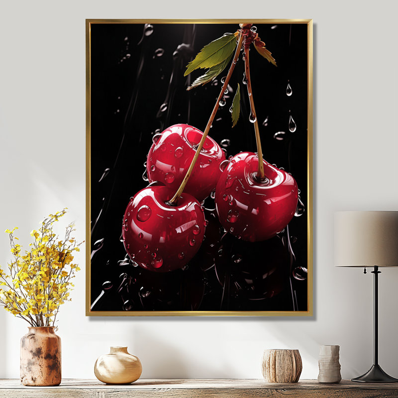 «Black and red Cherry Delight 1», art mural cerise, H 20 po x l 12 po x P 1 po, Cadre flottant doré