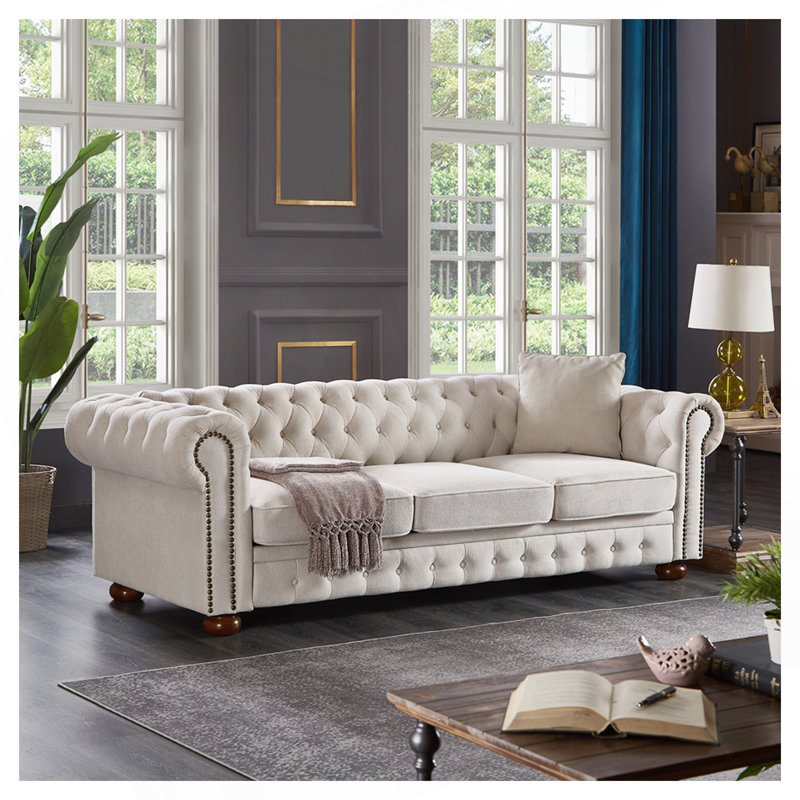Gurnaik Upholstered 3-Seater Sofa, Beige Linen