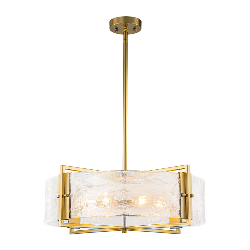 6-Light White Mist Glass Drum Chandelier, Brushed Gold