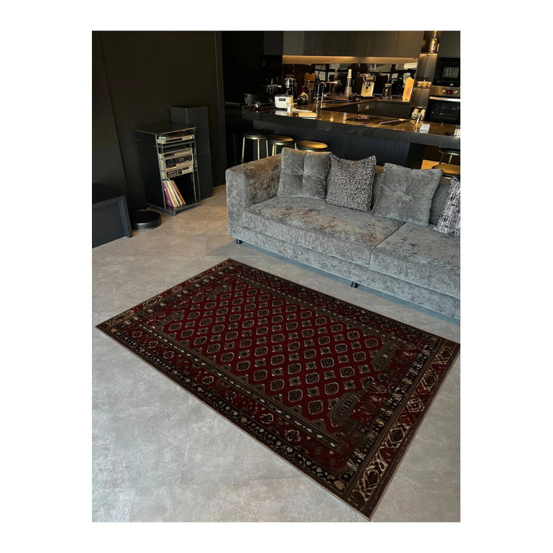 Silvio Vintage Burdy Beige Traditional Themed Floral Patterned Woven Washable Rug, Rectangle 4'8" x 6'7"