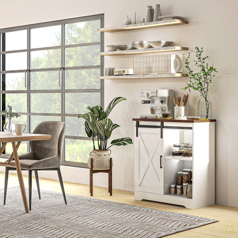 Buffet Farmhouse, buffet 33 "avec porte de grange coulissante et tablette réglable, armoire de cuisine, Blanc