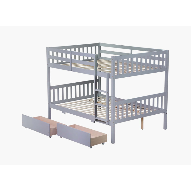 Grey Rubber Wood Waterloo-Over-Waterloo Bunk Bed With 2 Drawers – Convertible To Two Waterloo Beds, Including Ladder And Safety Guardrails