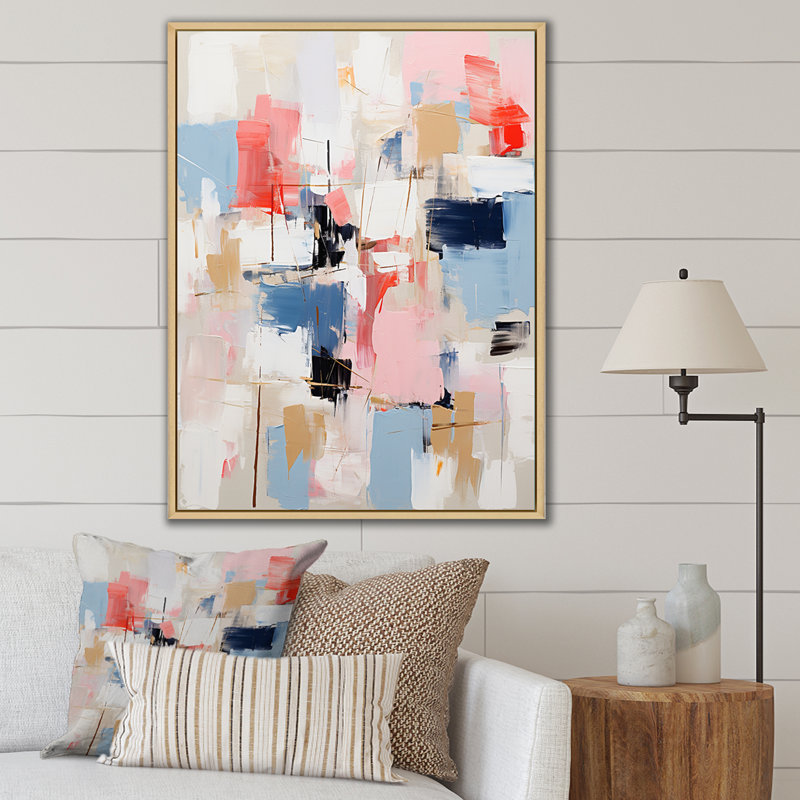 Missing you abstrait bleu et rouge - peinture abstraite murale, salon, Cadre naturel flottant, H 44 po x l 34 po x P 1,5 po