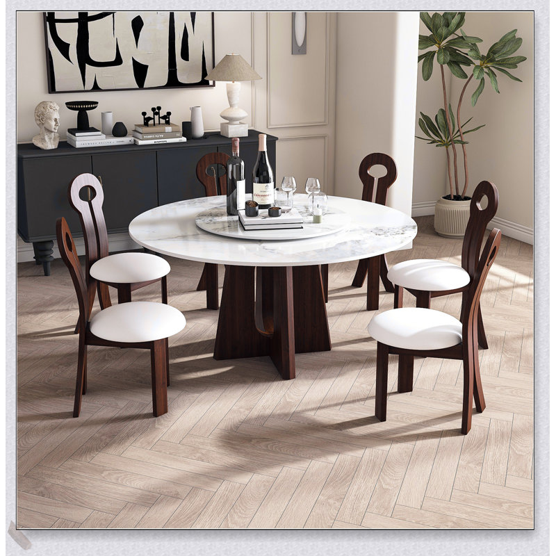 Table de salle à manger moderne en pierre frittée moderne avec base en noyer massif, robuste et élégante pour 6 à 8 personnes