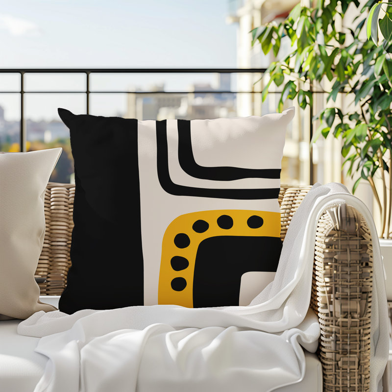 Oreiller carré réversible intérieur / extérieur Tobe Minimalist, H 19 po x l 19 po, Jaune / noir / blanc cassé